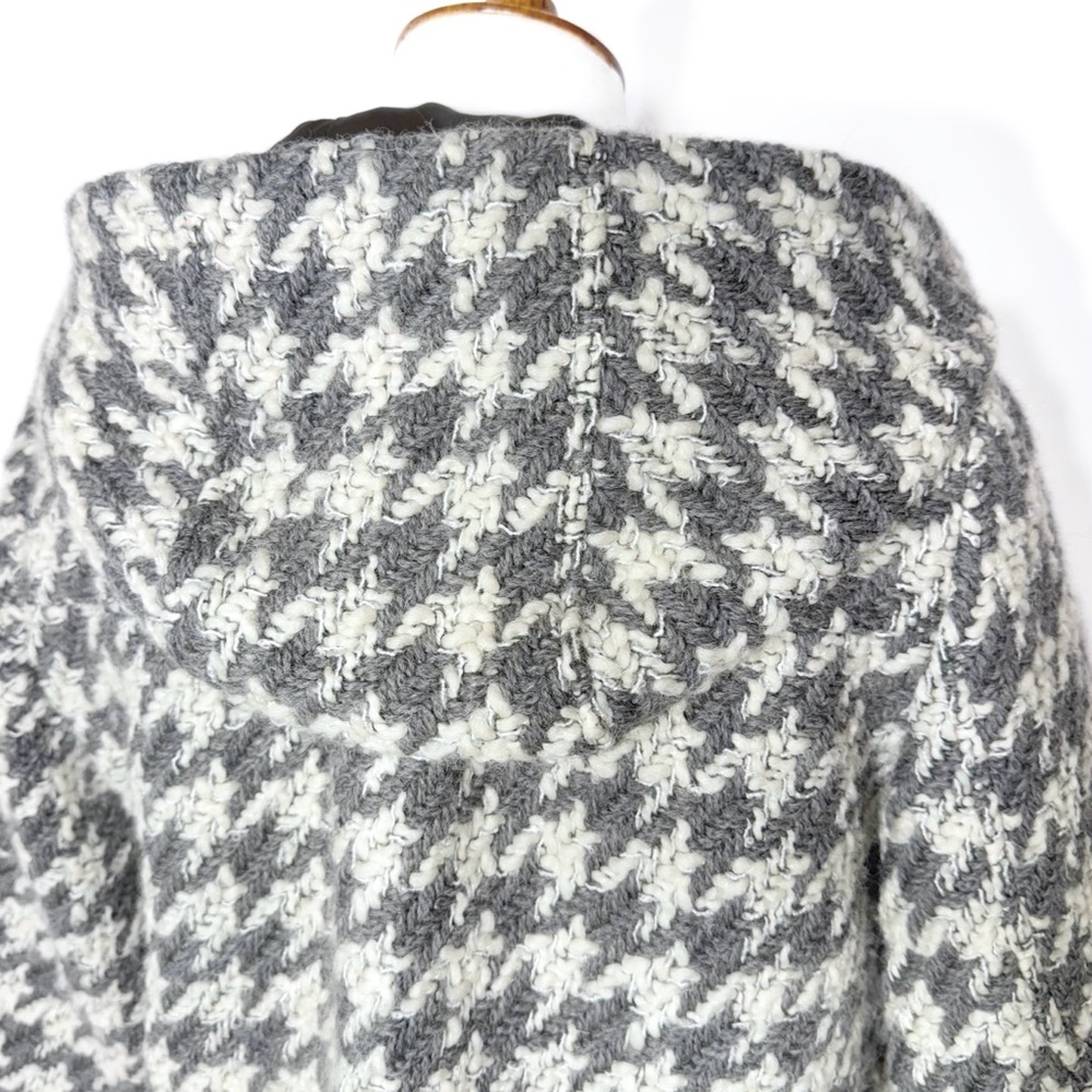 Anthropologie Houndstooth Gray Tweed Crochet 3/4 Sleeve Hooded Peacoat Jacket S - Picture 8 of 14